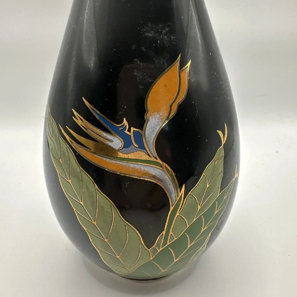 Otagiri Bird of Paradise Bud Vase Black Floral Design Gold Trim Japanese Vtg 8